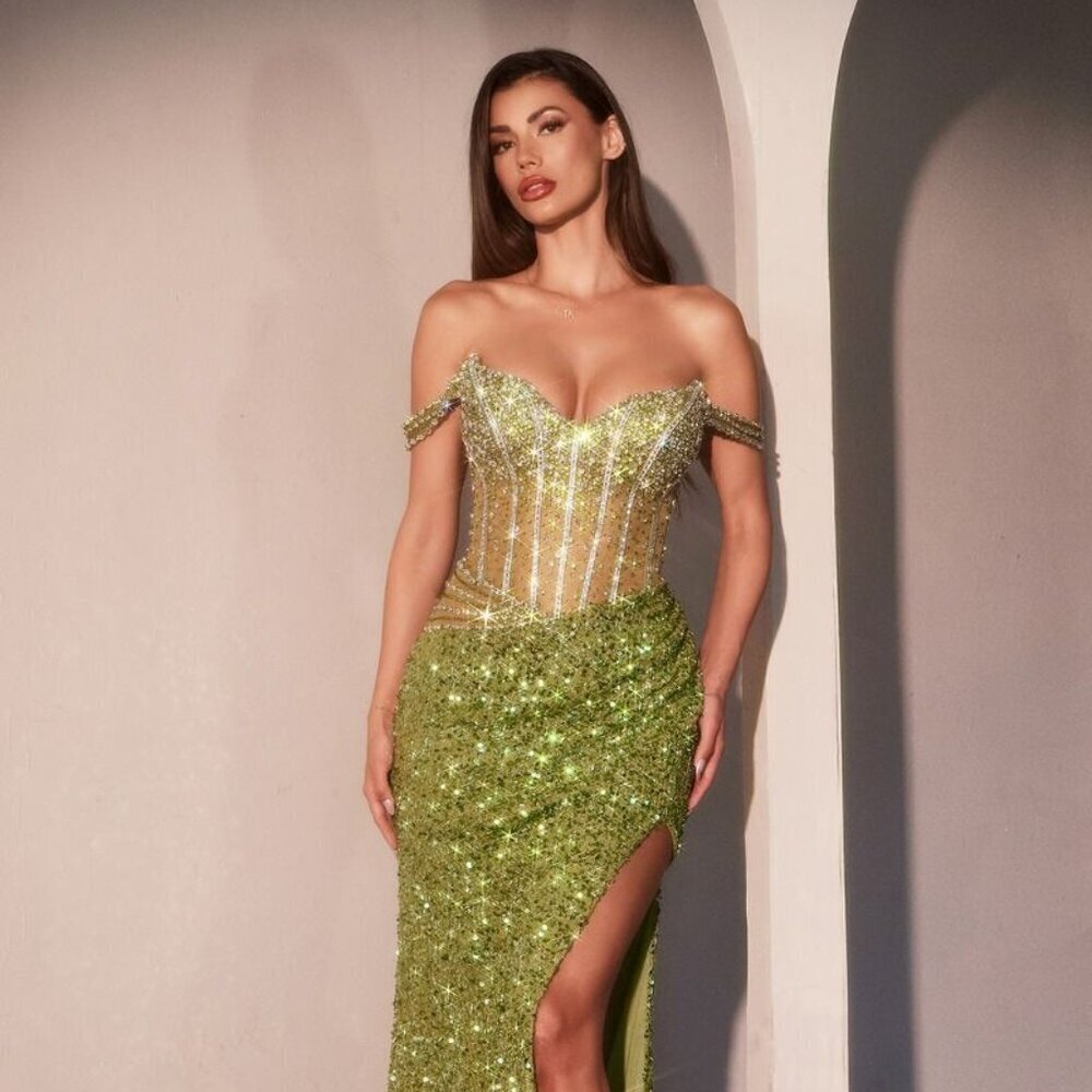 New Formal Off Shoulder Sequins Embellished Prom Dress w/ Sheer Bodice CDS534
